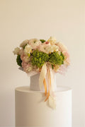 IN𝓃 Floral Studio Blush Meadow arrangement with pink ranunculus, ivory roses, and green hydrangeas in a white hat box with ribbons.