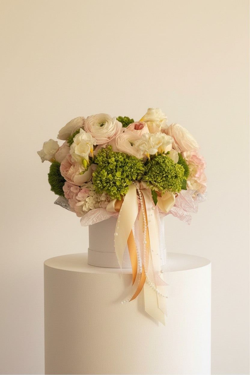IN𝓃 Floral Studio Blush Meadow arrangement with pink ranunculus, ivory roses, and green hydrangeas in a white hat box with ribbons.