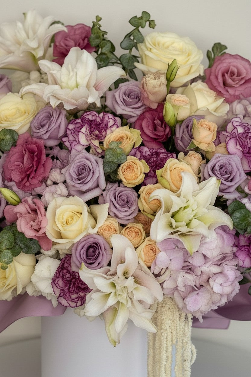 IN𝓃 Floral Studio elegant mixed floral arrangement in white hatbox with lilies, roses, carnations, and amaranthus.