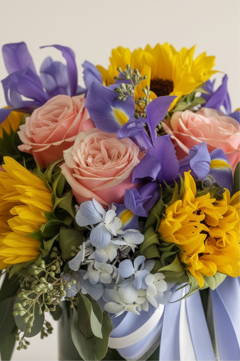IN𝓃 Floral Studio Golden Garden arrangement with pink roses, yellow sunflowers, purple irises, and blue hydrangeas in a glass vase.