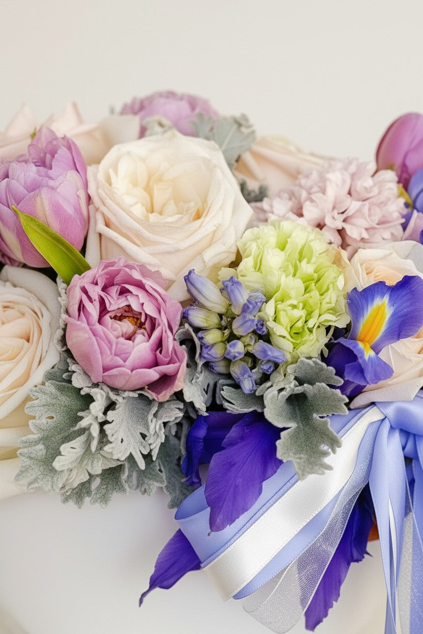 IN𝓃 Floral Studio Lavender Whisper arrangement: white roses, purple tulips, blue irises, and greenery in a white ceramic bowl with flowing ribbons.