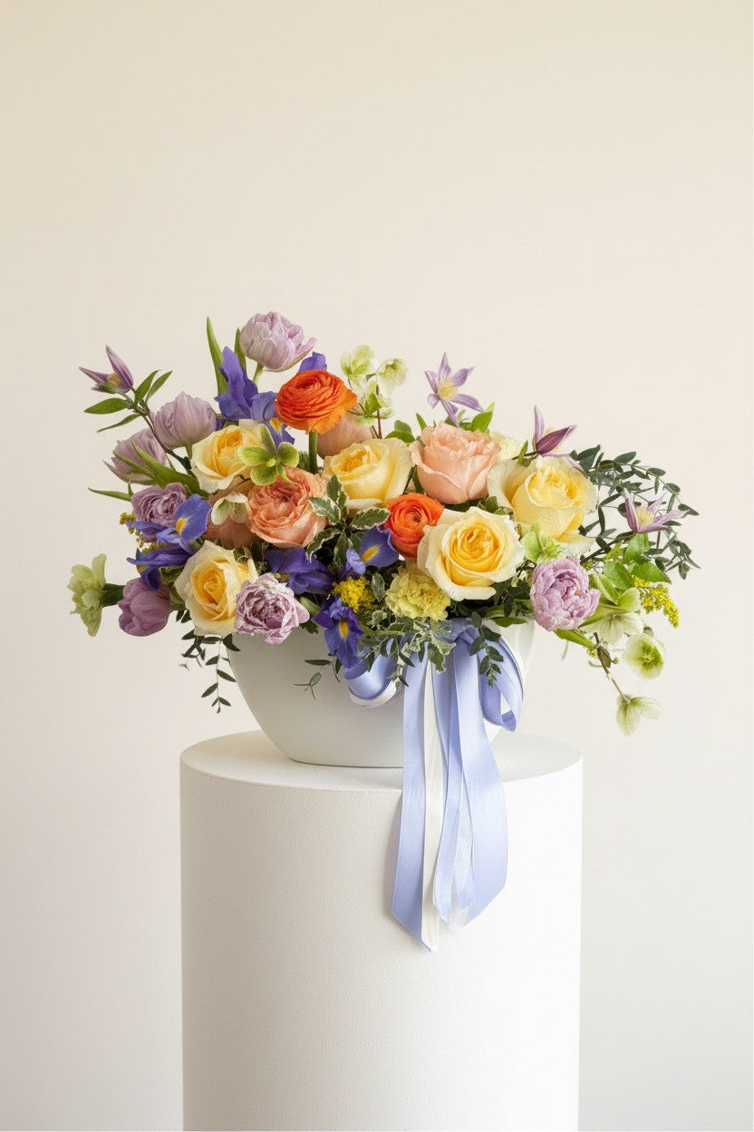 IN𝓃 Floral Studio pastel flower arrangement with roses, ranunculus, lisianthus in ivory, blush, lavender, peach, and orange hues, in a white ceramic bowl with blue ribbons.