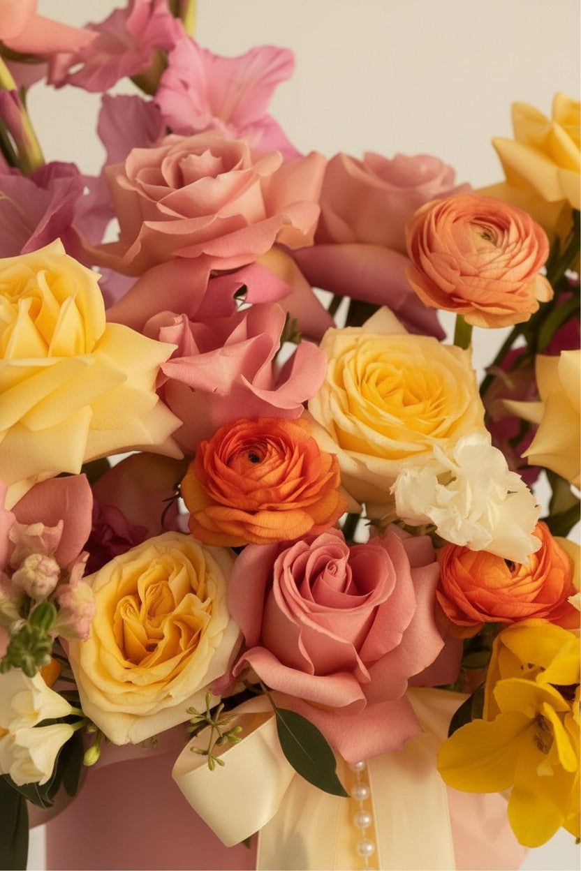 IN𝓃 Floral Studio pastel garden arrangement with blush pink and yellow roses, ranunculus, and gladiolus in a pink hat box.