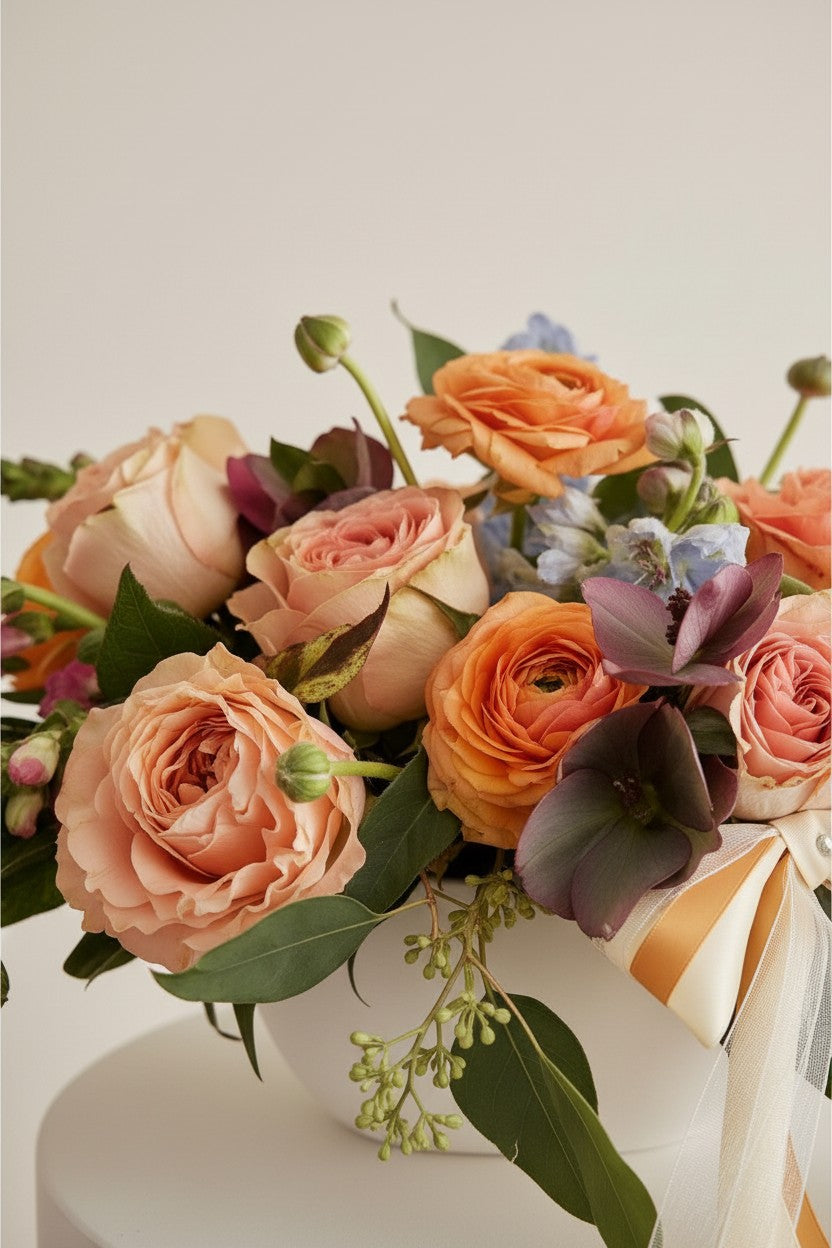 IN𝓃 Floral Studio Peach Garden arrangement with roses, ranunculus, and greenery in a white ceramic bowl with satin ribbons.
