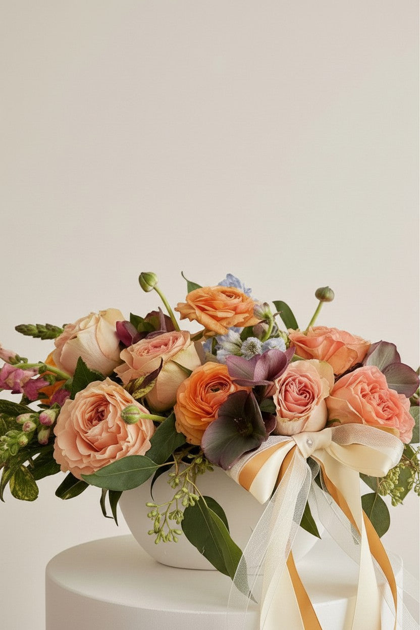 IN𝓃 Floral Studio Peach Garden arrangement with roses, ranunculus, and greenery in a white ceramic bowl with satin ribbons.