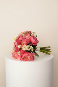 IN𝓃 Floral Studio Peony Garden Bouquet in rich pink and coral tones, featuring peonies, garden roses, matthiola, and lisianthus.