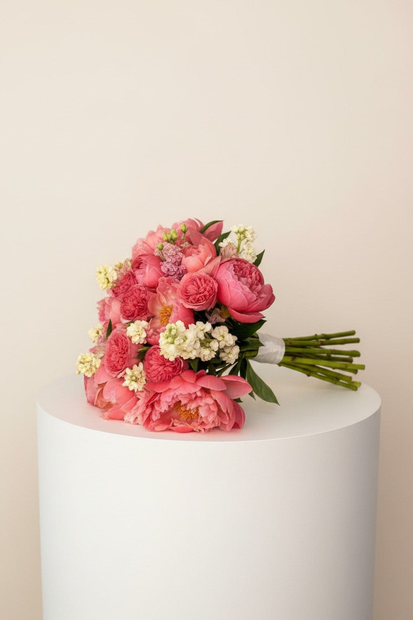 IN𝓃 Floral Studio Peony Garden Bouquet in rich pink and coral tones, featuring peonies, garden roses, matthiola, and lisianthus.
