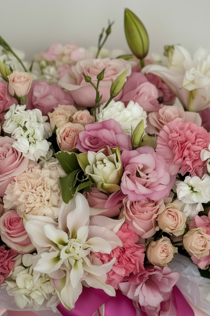 IN𝓃 Floral Studio Rosé Belle arrangement: lavender, ivory roses, white lilies, lisianthus, hydrangeas, carnations, spray roses, eucalyptus, and greens in a pink vase.
