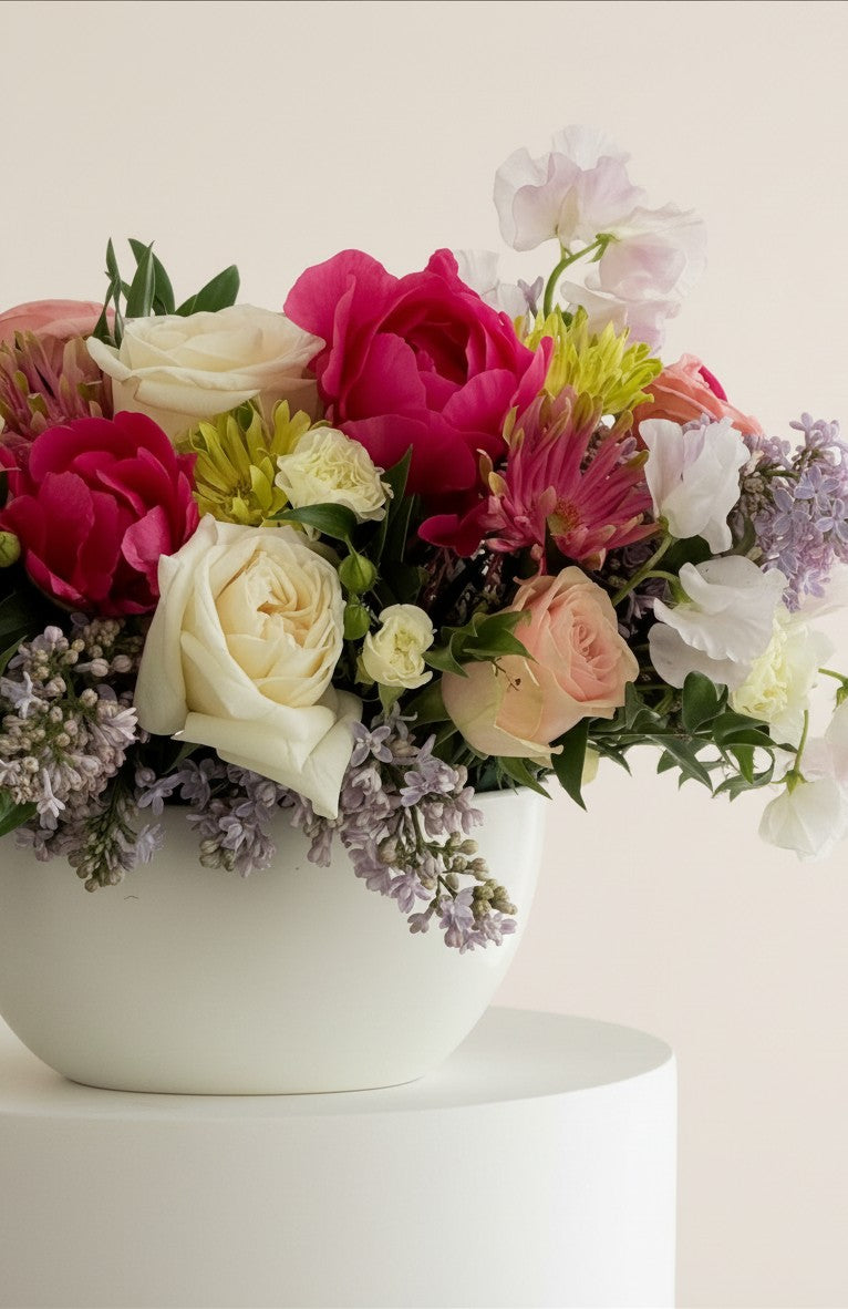 IN𝓃 Floral Studio Soft Blush arrangement with pink peonies, cream roses, lilac, and sweet peas in a white vase.