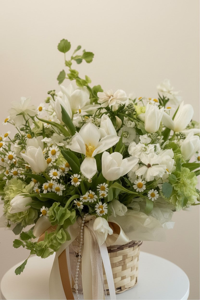 IN𝓃 Floral Studio White Meadow arrangement: white tulips, chamomile, carnations, molucella, ranunculus butterfly, and greens in a woven basket.
