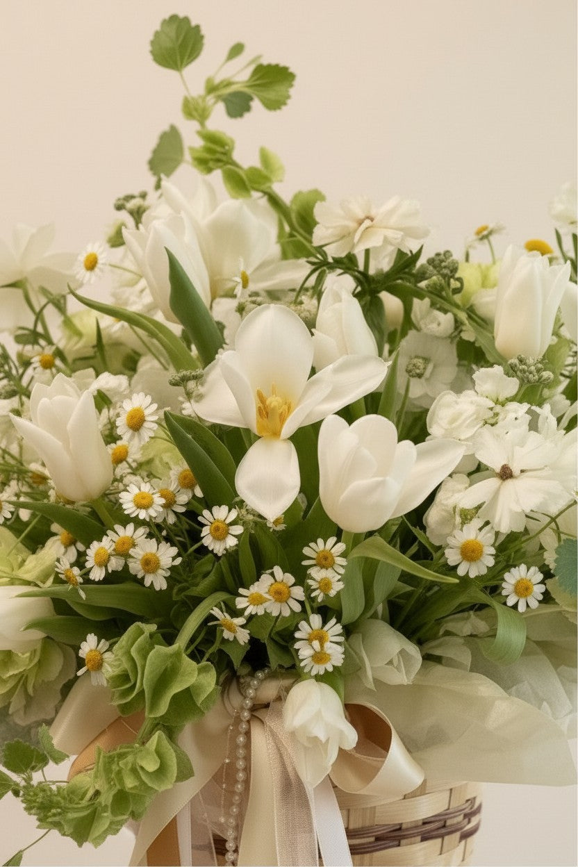 IN𝓃 Floral Studio White Meadow arrangement: white tulips, chamomile, carnations, molucella, ranunculus butterfly, and greens in a woven basket with ribbons.