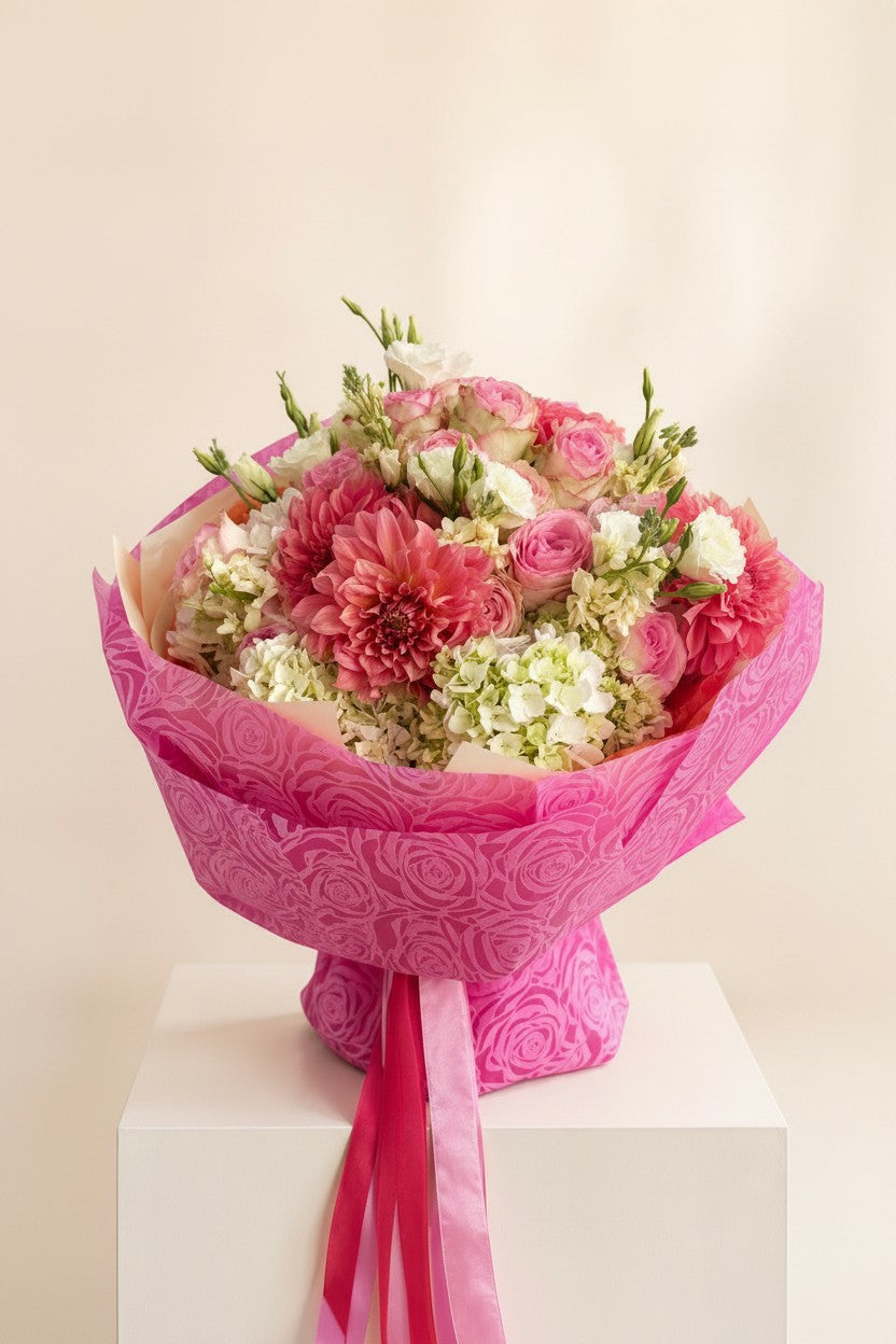 IN𝓃 Floral Studio hand-tied garden bouquet with coral dahlias, blush roses, and cream hydrangeas in pink wrap.