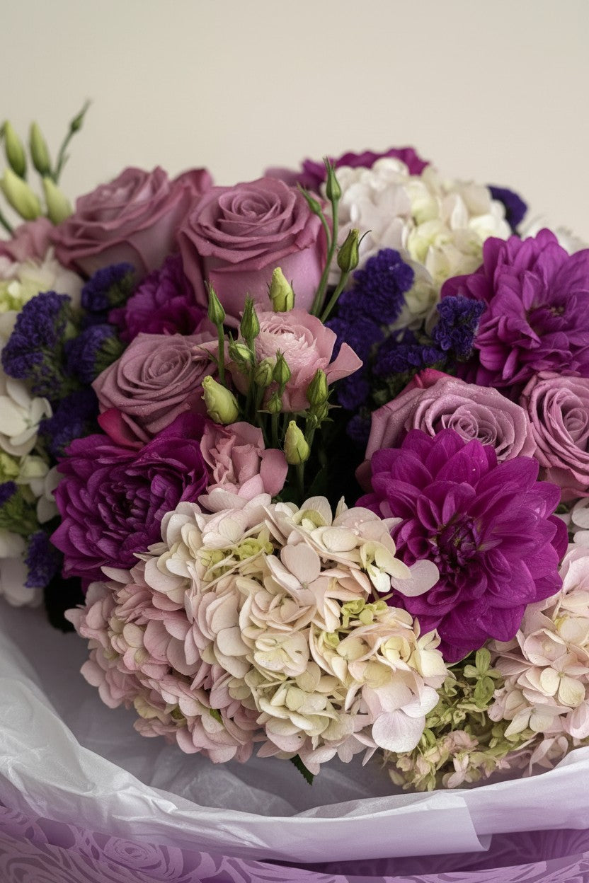 IN𝓃 Floral Studio Lavender Blush Garden Bouquet featuring roses, dahlias, and hydrangeas in purple and pink tones.