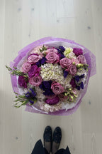 IN𝓃 Floral Studio Lavender Blush Garden Bouquet with roses, hydrangeas, and dahlias in purple and pink tones.