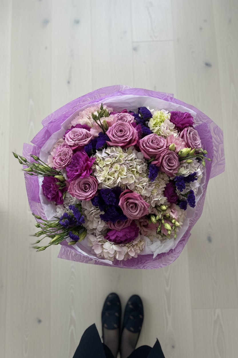 IN𝓃 Floral Studio Lavender Blush Garden Bouquet with roses, hydrangeas, and dahlias in purple and pink tones.