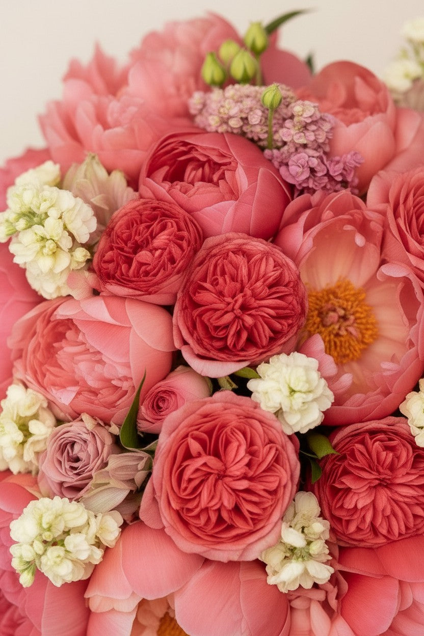 IN𝓃 Floral Studio Peony Garden Bouquet in rich pink and coral tones, featuring peonies, garden roses, matthiola, and lisianthus.