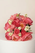 IN𝓃 Floral Studio Peony Garden Bouquet: lush seasonal bouquet with pink and coral peonies, garden roses, matthiola, and lisianthus.