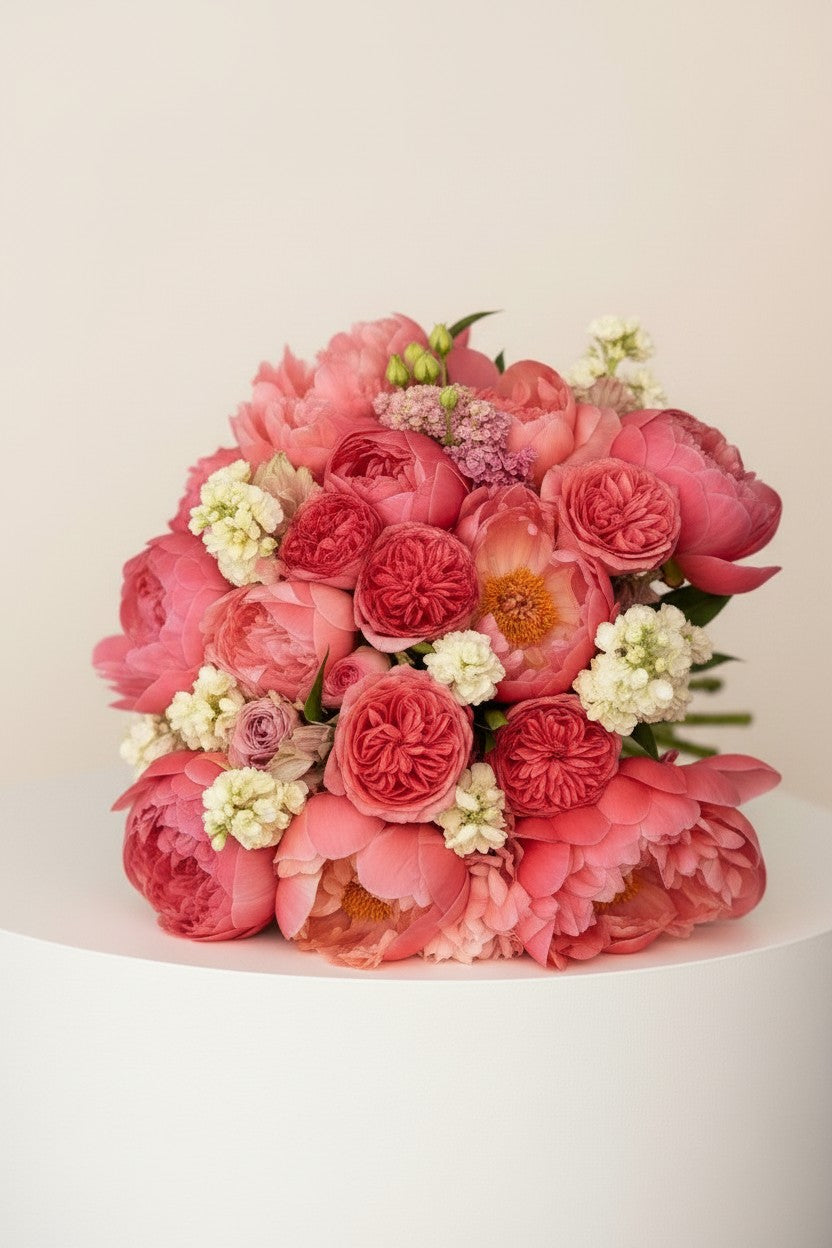 IN𝓃 Floral Studio Peony Garden Bouquet: lush seasonal bouquet with pink and coral peonies, garden roses, matthiola, and lisianthus.