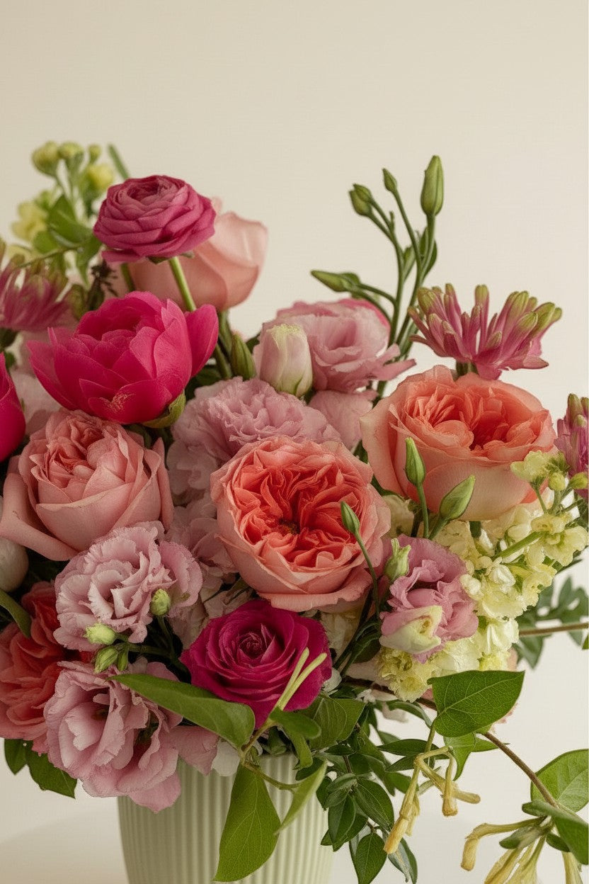 IN𝓃 Floral Studio Bloom Elegance arrangement: pink peonies, garden roses, ranunculus, lisianthus, spray roses, gerberas, jasmine in a light green ribbed vase.