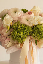 IN𝓃 Floral Studio Blush Meadow arrangement with pink, ivory, and green ranunculus, hydrangea, and seasonal blooms.