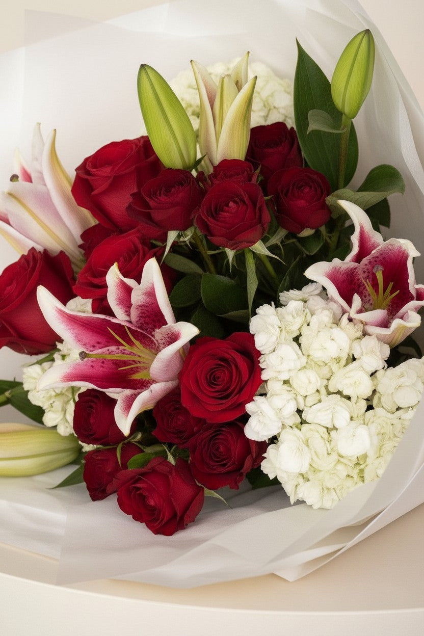 IN𝓃 Floral Studio Lily & Rose Bouquet: Red roses, pink lilies, and white blooms arranged with greenery, wrapped in white paper.