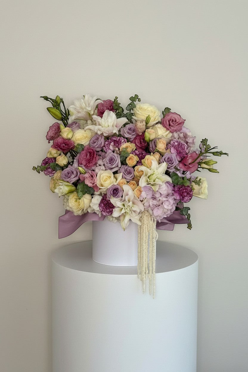 IN𝓃 Floral Studio elegant mixed floral arrangement in white box with lilies, roses, carnations, and amaranthus.