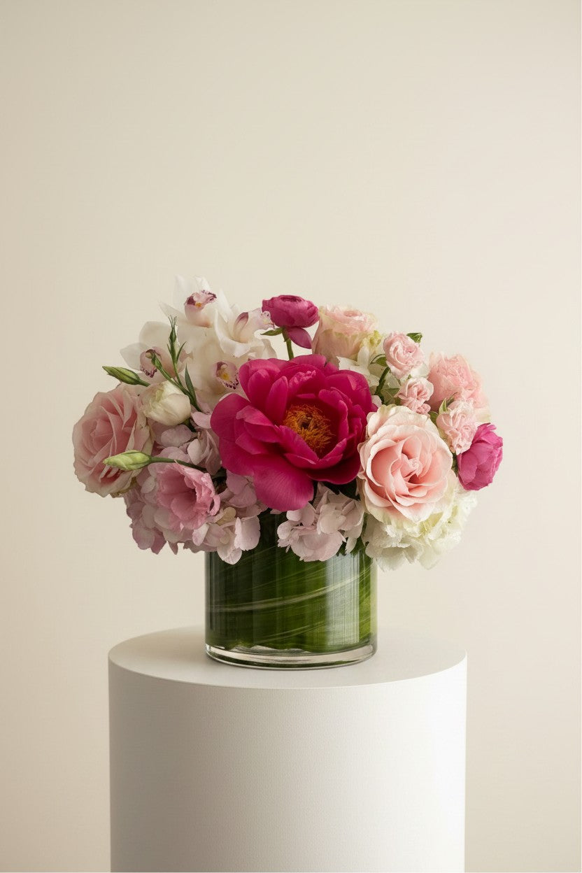 IN𝓃 Floral Studio Orchid Garden arrangement with pink peonies, roses, orchids, and hydrangeas in a glass vase.
