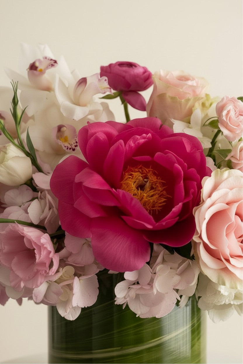 IN𝓃 Floral Studio Orchid Garden medium arrangement: pink peonies, roses, orchids, ranunculus, lisianthus, hydrangeas in a glass vase.