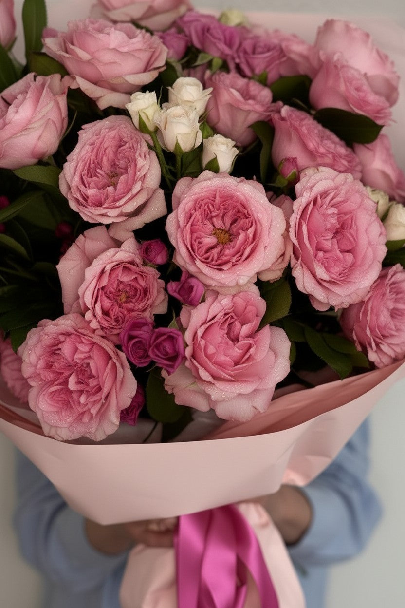 IN𝓃 Floral Studio Pink Garden Whisper bouquet, size L, featuring pink garden roses, spray roses, white blooms, and greenery.